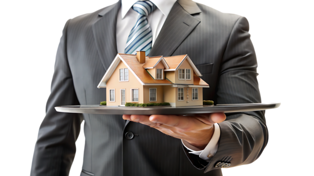 Man in a Suit, Holding a Miniature House on a Serving Tray, cutout, PNG isolated on white or transparent background