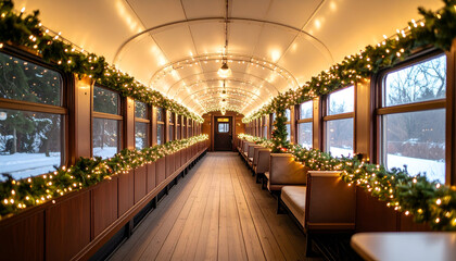 Obraz premium A nostalgic Christmas train ride experience, viewing down the aisle of a vintage carriage with glowing festive decorations