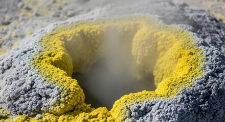 Vibrant yellow sulfur deposits in volcanic crater landscape