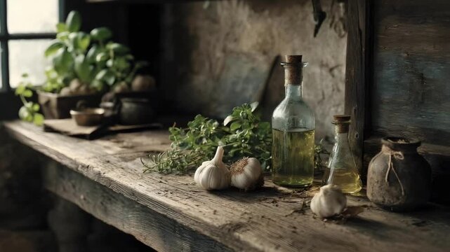Rustic kitchen scene with garlic bulbs, fresh herbs, and oil bottles on a weathered wooden windowsill.