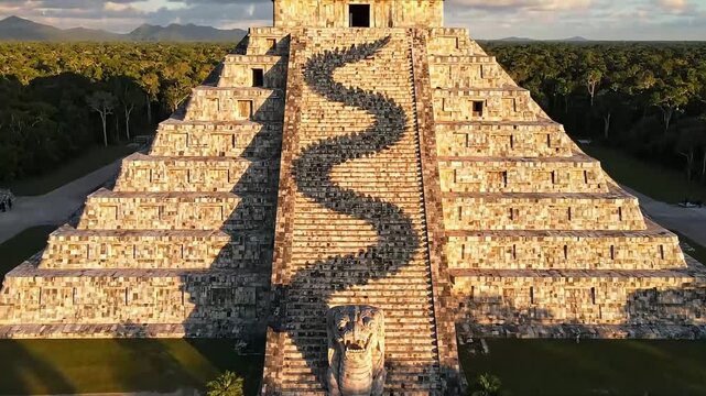 Aerial orbit around Chichen Itza pyramid during equinox serpent shadow.