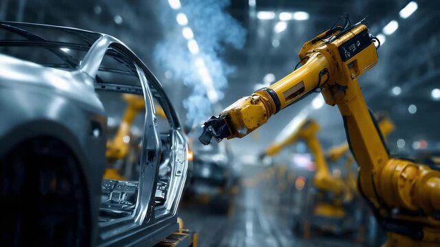 Robotic arm welding a car chassis on an automotive assembly line