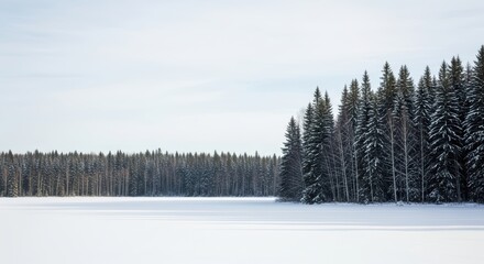 Snow-covered pine forest and frozen lake under clear winter sky