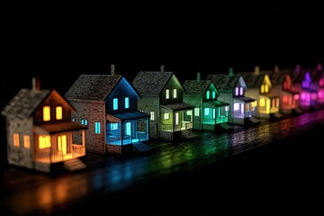 Colorful Pixelated Houses at Night