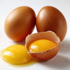 Fresh Brown Eggs with Yolks on White Background
