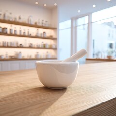 White Mortar And Pestle On Light Wood Countertop