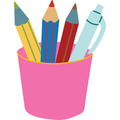 Four assorted writing instruments including pencils and pens in a pink holder on a transparent background for creativity and education