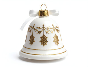 An elegant white bell-shaped Christmas ornament with embossed gold holly leaves and a delicate white ribbon, isolated on a white background