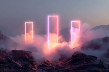 Neon Glowing Portals In Misty Mountains