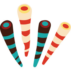 Four Colorful Stylized Horns with Red Blue Yellow and White Stripes on a Transparent Background