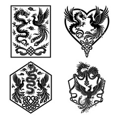 Set of four dragon and phoenix silhouettes design