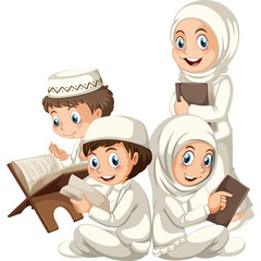 Four Young Children Wearing Traditional White Islamic Clothing and Headwear Engage in Religious Study Holding Books and Reading from a Quran Stand on a Transparent Background