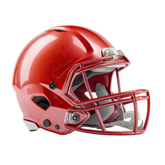 Glossy red football helmet, angled view, showcasing facemask and details