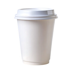 White Disposable Coffee Cup, with Lid and Small Sticker on Transparent Background, cutout, PNG isolated on white or transparent background
