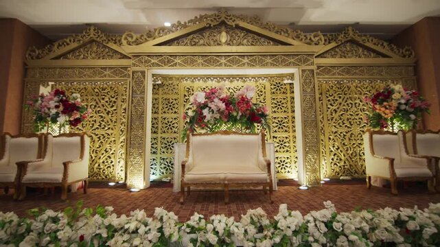 Traditional Bugis Wedding Stage Decoration with Gold Carving and White Sofa