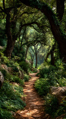 Serene woodland path, inviting footsteps toward whimsical forest adventures, echoing Beltane's renewal and Tu Bishvat's arboreal celebration
