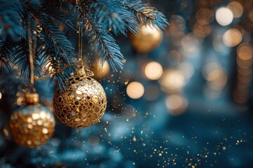 close-up of christmas tree decorations, with bokeh lights in the background, blurred dark blue spruce branches with golden ornaments