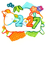 2027年・令和9年　ポップな未年年賀状素材（手描きイラスト）