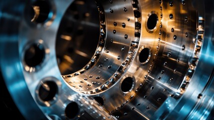 Close-up view of precision-engineered metal components displayed in a workshop setting during the daytime