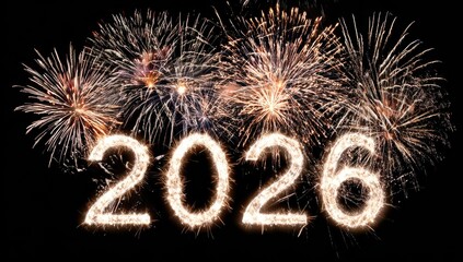 fireworks display with the numbers "2026" in glowing text against a black background, creating a festive atmosphere.