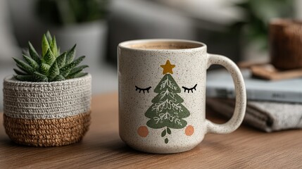 Mug with christmas tree design and small plant on wooden surface.