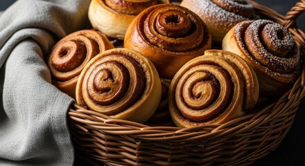 Fototapeta premium Freshly baked cinnamon rolls in a woven basket with a cozy linen cloth at a warm kitchen setting