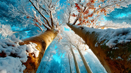 Snow-Covered Forest Canopy with Tall Trees and Blue Sky in Winter Wonderland