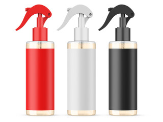Clear plastic trigger spray bottle mockup. Plastic cleaner liquid packaging mockup. Pistol sprayer for disinfectant detergent. 3d illustration
