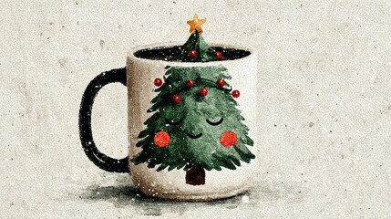 Mug with christmas tree design and star on top against textured background.