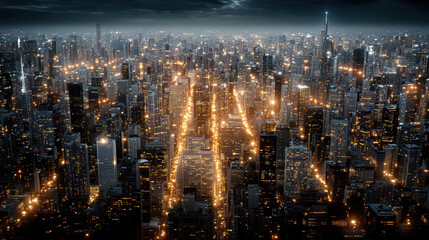 Cinematic drone view of city grid illuminated by lights, showcasing urban beauty and vibrancy