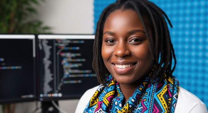 Smiling woman with dreadlocks wearing a colorful scarf in front of computer screens at a workspace