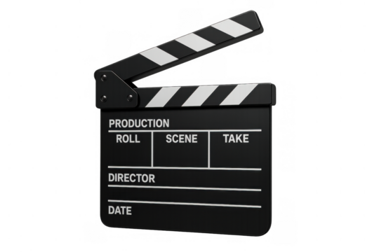 Clapperboard opening for movie film production, showing action slate for cinema industry and video shoot - Powered by Adobe