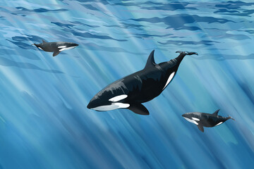 a group of orca whales in the depths of the blue sea © Riza faryunanda