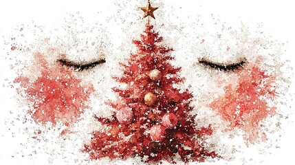 Christmas tree with star and ornaments surrounded by abstract red and white shapes.