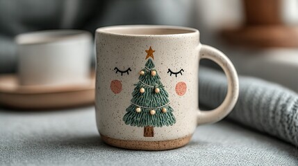 Mug with christmas tree design and eyelashes on a gray surface.