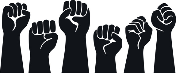 Black raised fist silhouettes in protest and solidarity pose, symbol of unity, empowerment, resistance, social justice, activism, vector illustration