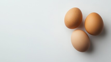 Fresh brown eggs arranged on a clean white surface highlighting natural colors and textures in a minimalistic setting