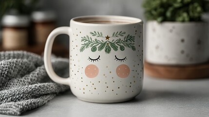 Mug with face design and plant on table with soft gray cloth.
