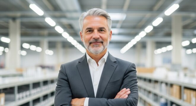 Confident businessman wearing suit stands in warehouse with arms crossed during daytime