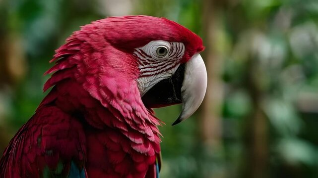 Scarlet macaw parrot with vivid red plumage, white face with black feather lines, and a large curved beak.