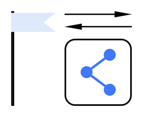 Blue connection icon inside square, horizontal arrows indicating movement, light blue flag on pole. Ideal for technology, data, sharing, communication, networking, marketing simple landing page