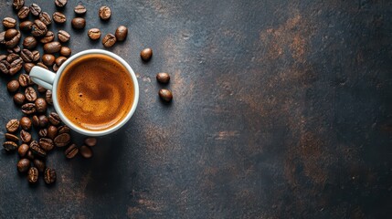 Celebrating international coffee day with a fresh brewed cup and coffee beans for rustic elegance. Top view. Horizontal banner. Copy space