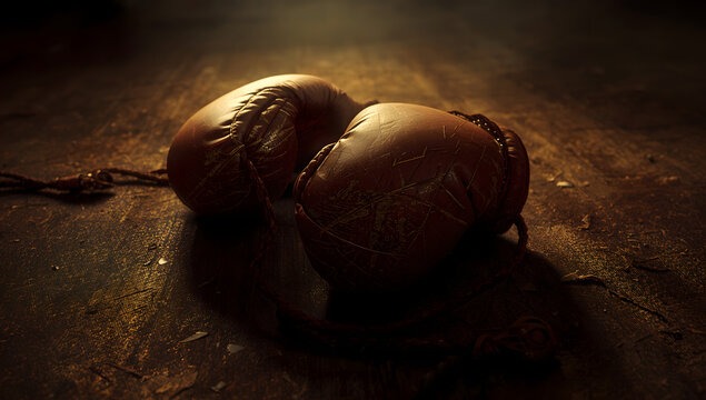 A pair of worn, vintage boxing gloves rest on a dark, textured surface, lit dramatically from above.