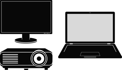 Computer monitor, laptop, projector, multimedia technology concept, presentation and computing tools, black silhouette, vector illustration, digital device icon, screen setup