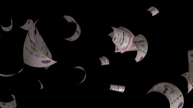 Money rain 100 riyal saudi banknotes money falling down. arab saudi currency. 3D render. Animation. paper money bills falling. Business and finance portrait background