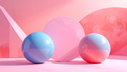 Abstract pink scene with light and shadow. Circular form backdrops spheres with specular highlights and soft pastel colours