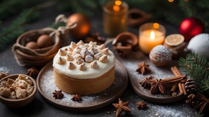 Festive dessert display with a cream-topped cake and seasonal decorations in a cozy setting during winter holidays Generative AI