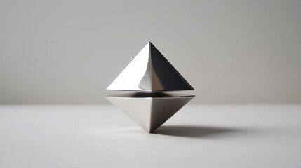 In the pure white space, two stainless steel metal quadrangular pyramid objects are stacked in the center of the picture to form a funnel shape. It is thin in the middle and thick at both ends. The me