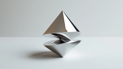 Fototapeta premium In the pure white space, two stainless steel metal quadrangular pyramid objects are stacked in the center of the picture to form a funnel shape. It is thin in the middle and thick at both ends. The me