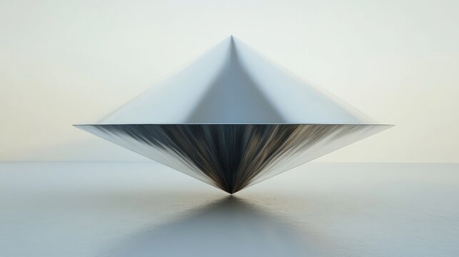 In the pure white space, two stainless steel metal quadrangular pyramid objects are stacked in the center of the picture to form a funnel shape. It is thin in the middle and thick at both ends. The me